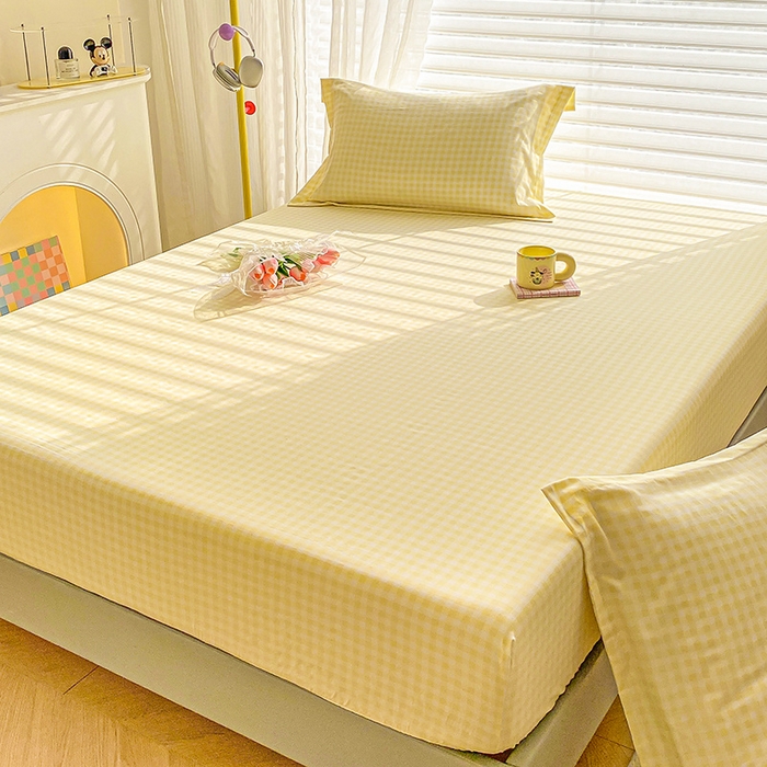 91家纺网 家纺一手货源 找家纺 恬澳家纺 2025新款森系水洗棉无印风单床笠 森系-黄格