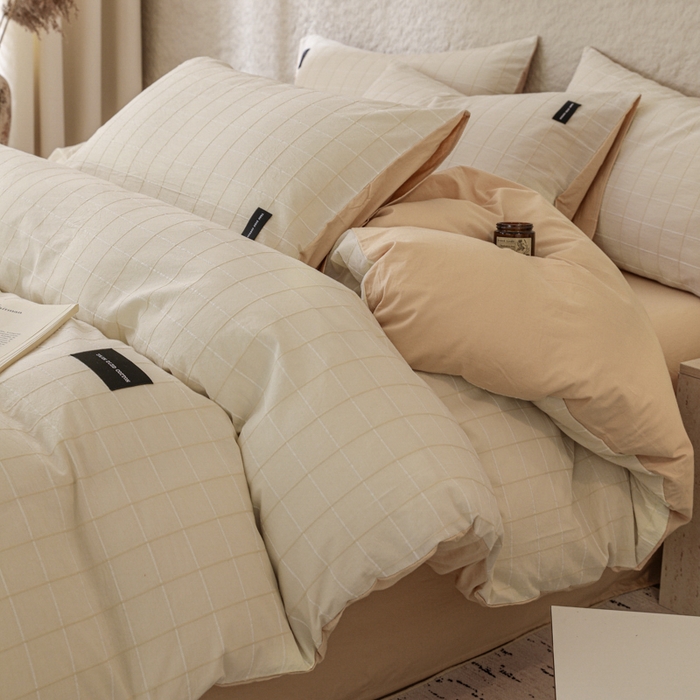 91家纺网 家纺一手货源 找家纺 呗旺鹿 2025新款静奢风-锦绣系列全棉色织提花小方格四件套 锦绣桃花暖阳