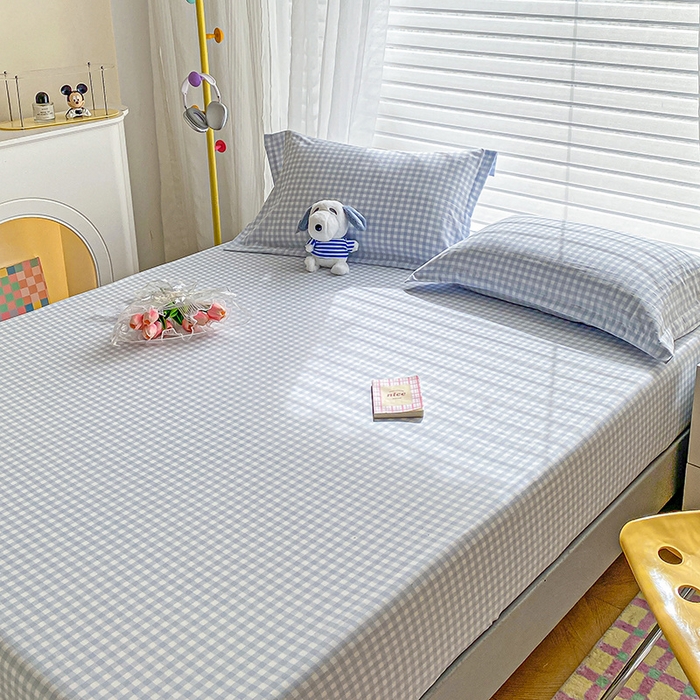 91家纺网 家纺一手货源 找家纺 恬澳家纺 2025新款森系水洗棉无印风单床笠 森系-蓝格