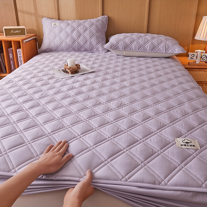 91家纺网 家纺一手货源 找家纺 笠客家纺 2025新款全棉水洗棉夹棉床笠-棉格款 棉格-玫瑰紫