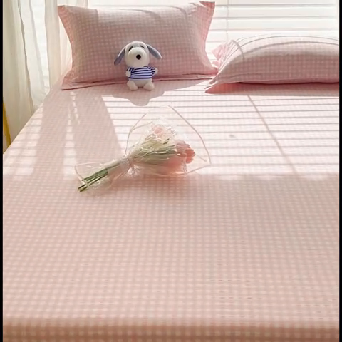 91家纺网 家纺一手货源 找家纺 恬澳家纺 2025新款森系水洗棉无印风单床笠 森系-粉格