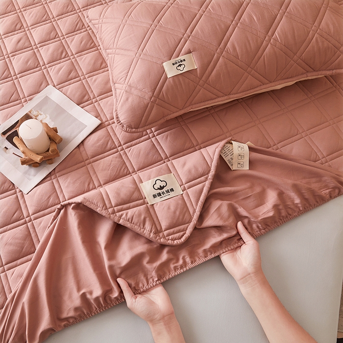 91家纺网 家纺一手货源 找家纺 笠客家纺 2025新款全棉水洗棉夹棉床笠-棉格款 棉格-豆沙