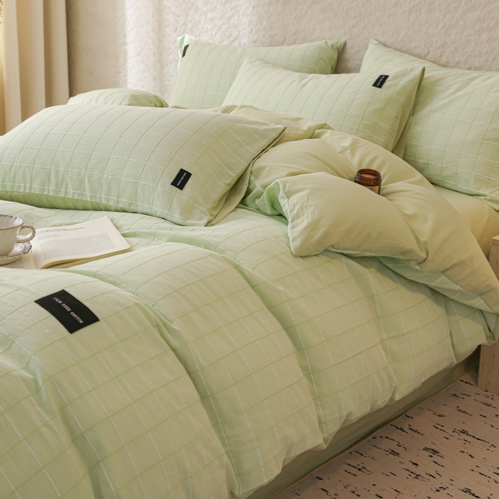 91家纺网 家纺一手货源 找家纺 呗旺鹿 2025新款静奢风-锦绣系列全棉色织提花小方格四件套 锦绣茉香奶绿