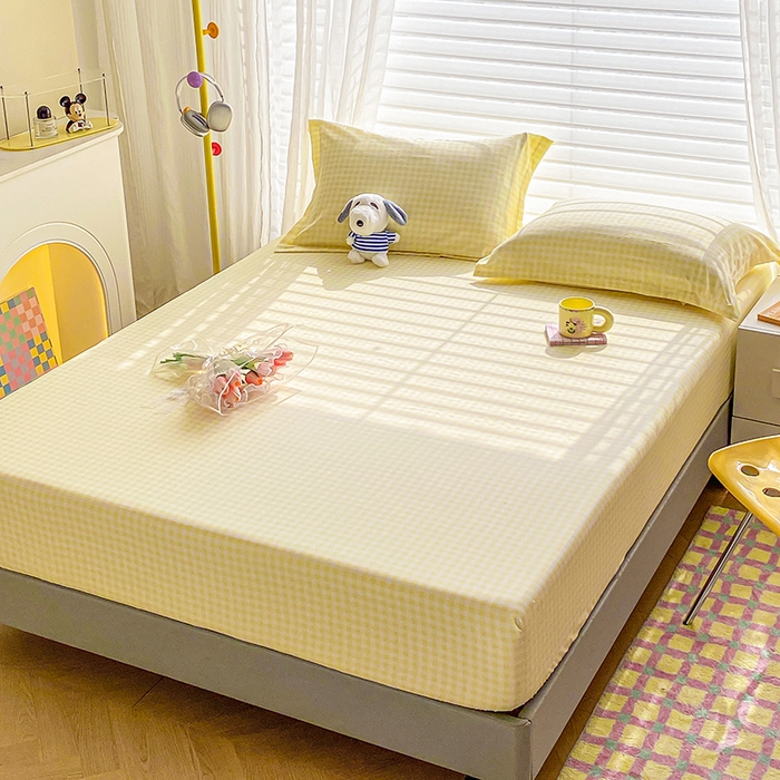 91家纺网 家纺一手货源 找家纺 恬澳家纺 2025新款森系水洗棉无印风单床笠 森系-黄格