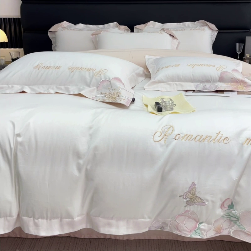 91家纺网 家纺一手货源 找家纺 2025春夏A类100支长绒棉四件套纯棉全棉轻奢风床单被套重工刺绣床上用品-花漫屿 花漫屿-白粉