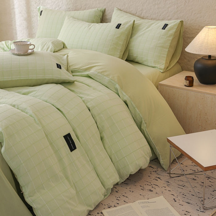 91家纺网 家纺一手货源 找家纺 呗旺鹿 2025新款静奢风-锦绣系列全棉色织提花小方格四件套 锦绣茉香奶绿