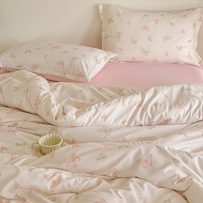 91家纺网 家纺一手货源 找家纺 壹号库 2025秋冬新款针织双层纱小清新印花四件套（专版花型） 蝶舞