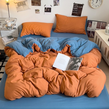 梦卓家纺 2025爆款ins风超柔褶皱亲肤磨毛水洗棉四件套 艾玛橙＋爵士蓝