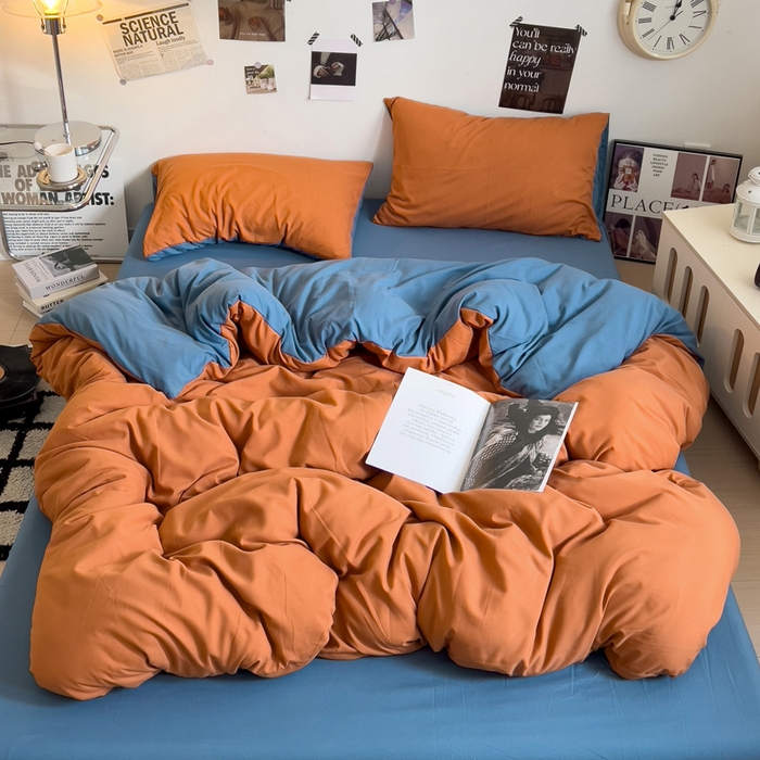 91家纺网 家纺一手货源 找家纺 梦卓家纺 2025爆款ins风超柔褶皱亲肤磨毛水洗棉四件套 艾玛橙＋爵士蓝