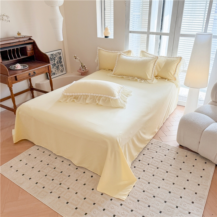 91家纺网 家纺一手货源 找家纺 富盛家纺 2025新款水洗亲肤棉床裙款四件套公主风四件套 仙仙子—黄