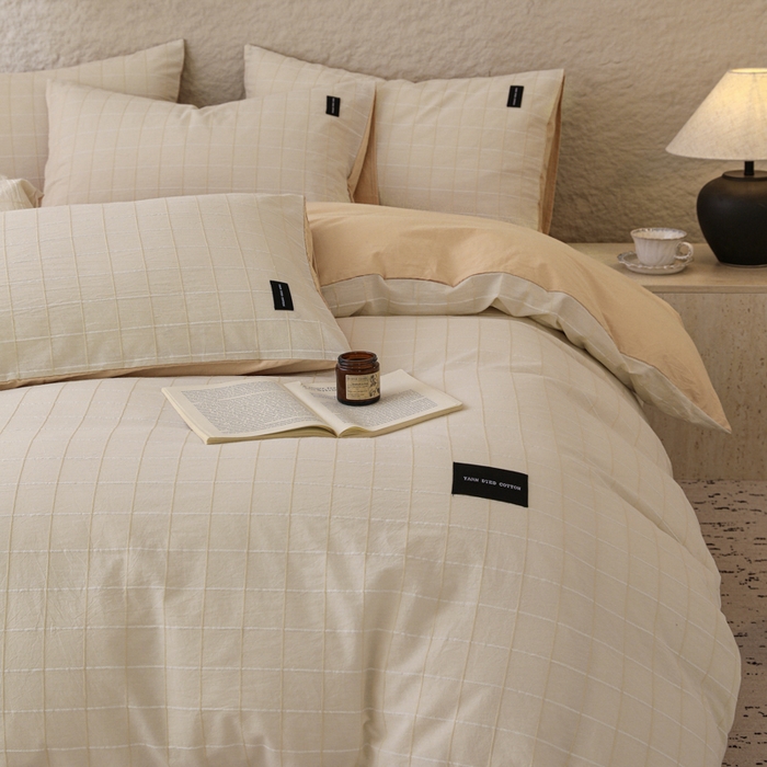 91家纺网 家纺一手货源 找家纺 呗旺鹿 2025新款静奢风-锦绣系列全棉色织提花小方格四件套 锦绣桃花暖阳