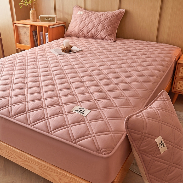 91家纺网 家纺一手货源 找家纺 笠客家纺 2025新款全棉水洗棉夹棉床笠-棉格款 棉格-豆沙