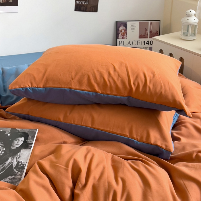 91家纺网 家纺一手货源 找家纺 梦卓家纺 2025爆款ins风超柔褶皱亲肤磨毛水洗棉四件套 艾玛橙＋爵士蓝