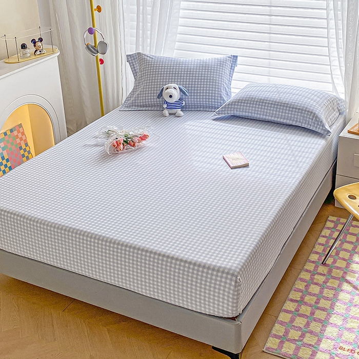 91家纺网 家纺一手货源 找家纺 恬澳家纺 2025新款森系水洗棉无印风单床笠 森系-蓝格