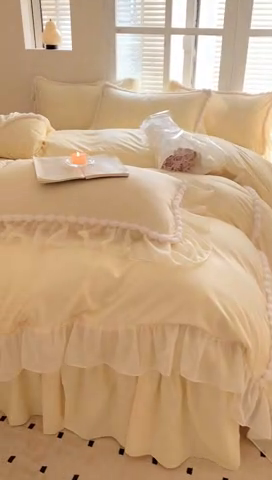 91家纺网 家纺一手货源 找家纺 富盛家纺 2025新款水洗亲肤棉床裙款四件套公主风四件套 仙仙子—黄