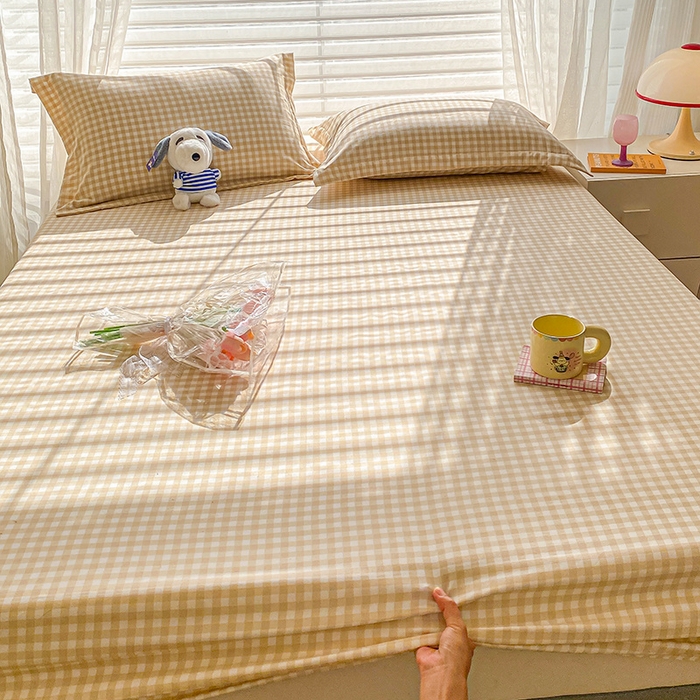 91家纺网 家纺一手货源 找家纺 恬澳家纺 2025新款森系水洗棉无印风单床笠 森系-咖格