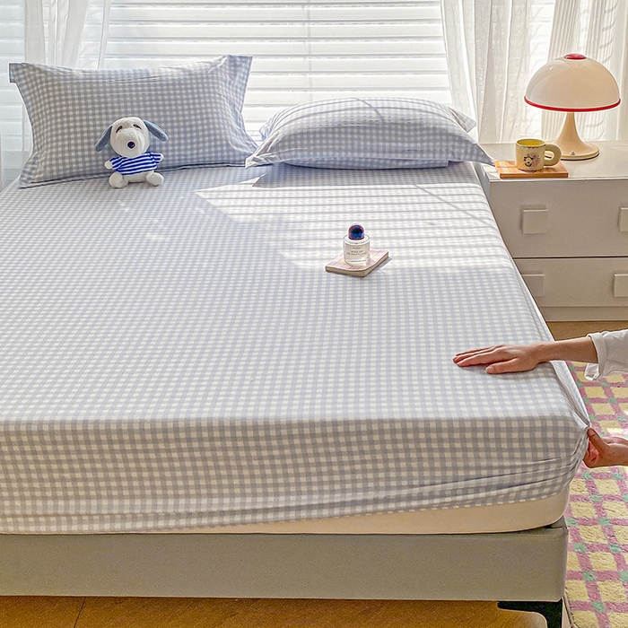 91家纺网 家纺一手货源 找家纺 恬澳家纺 2025新款森系水洗棉无印风单床笠 森系-蓝格