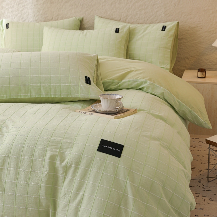 91家纺网 家纺一手货源 找家纺 呗旺鹿 2025新款静奢风-锦绣系列全棉色织提花小方格四件套 锦绣茉香奶绿