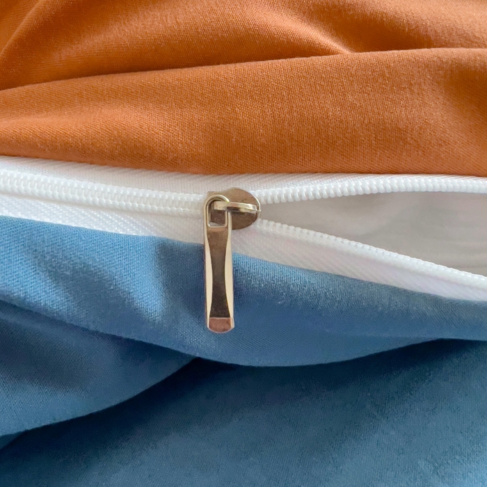 91家纺网 家纺一手货源 找家纺 梦卓家纺 2025爆款ins风超柔褶皱亲肤磨毛水洗棉四件套 艾玛橙＋爵士蓝