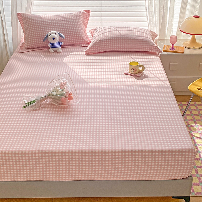 91家纺网 家纺一手货源 找家纺 恬澳家纺 2025新款森系水洗棉无印风单床笠 森系-粉格