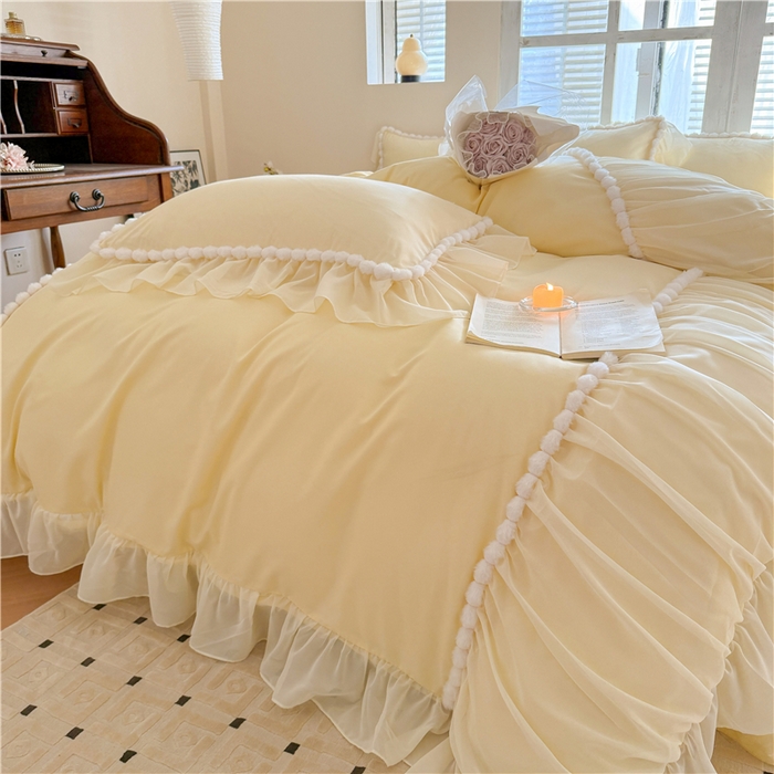 91家纺网 家纺一手货源 找家纺 富盛家纺 2025新款水洗亲肤棉床裙款四件套公主风四件套 仙仙子—黄