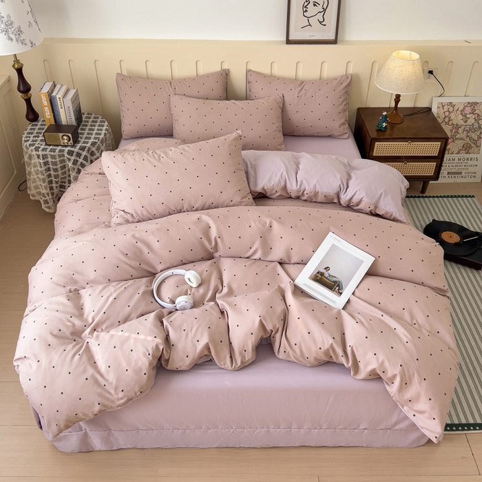 91家纺网 家纺一手货源 找家纺 金梦拉家纺 2025爆款新款A类加厚有氧针织棉双层纱四件套（吊边版）波点