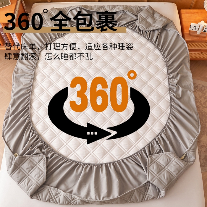 91家纺网 家纺一手货源 找家纺 笠客家纺 2025新款全棉水洗棉夹棉床笠-棉格款 棉格-烟灰