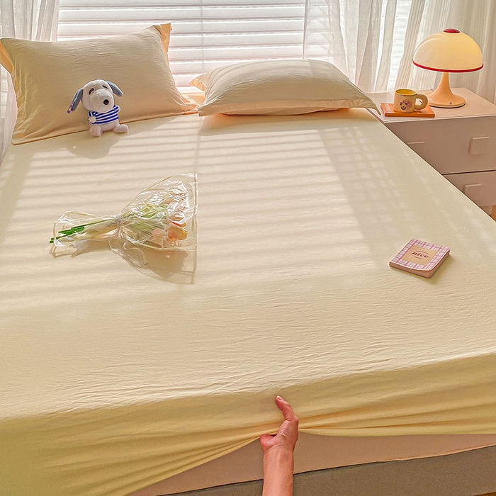 91家纺网 家纺一手货源 找家纺 恬澳家纺 2025新款森系水洗棉无印风单床笠 森系-嫩黄