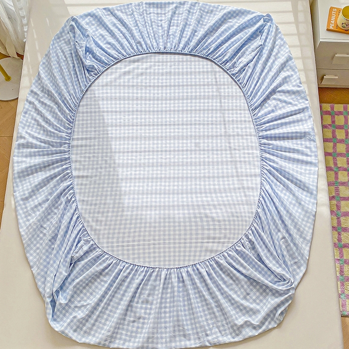 91家纺网 家纺一手货源 找家纺 恬澳家纺 2025新款森系水洗棉无印风单床笠 森系-蓝格