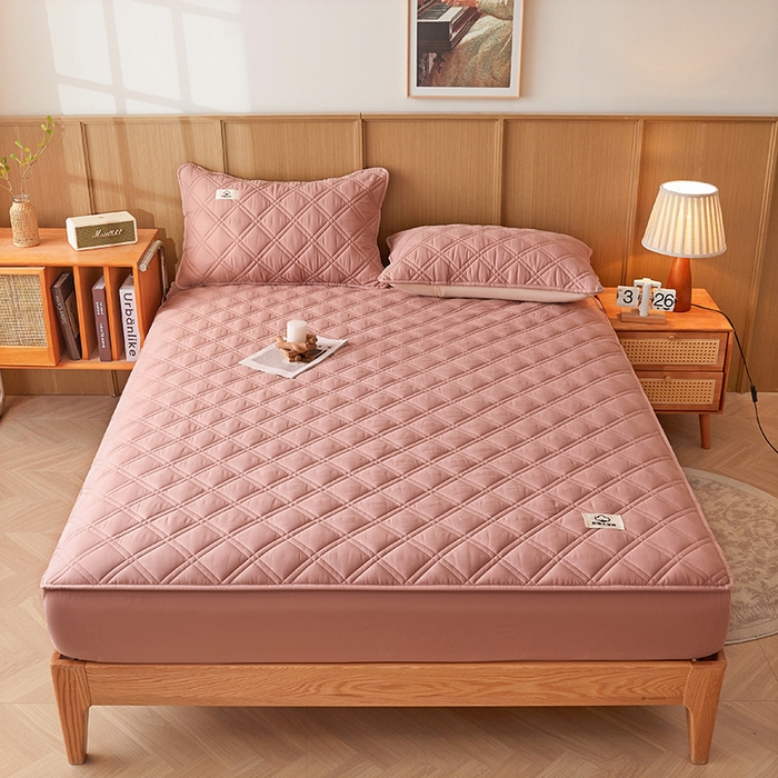 91家纺网 家纺一手货源 找家纺 笠客家纺 2025新款全棉水洗棉夹棉床笠-棉格款 棉格-豆沙