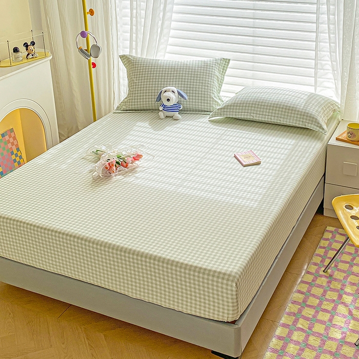 91家纺网 家纺一手货源 找家纺 恬澳家纺 2025新款森系水洗棉无印风单床笠 森系-绿格