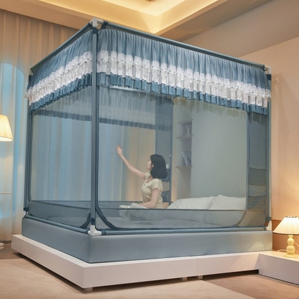 雪姿家纺 2025新款U型绣花边床笠回底款多功能双向储物袋三开门外穿坐床蚊帐 依恋-海洋兰