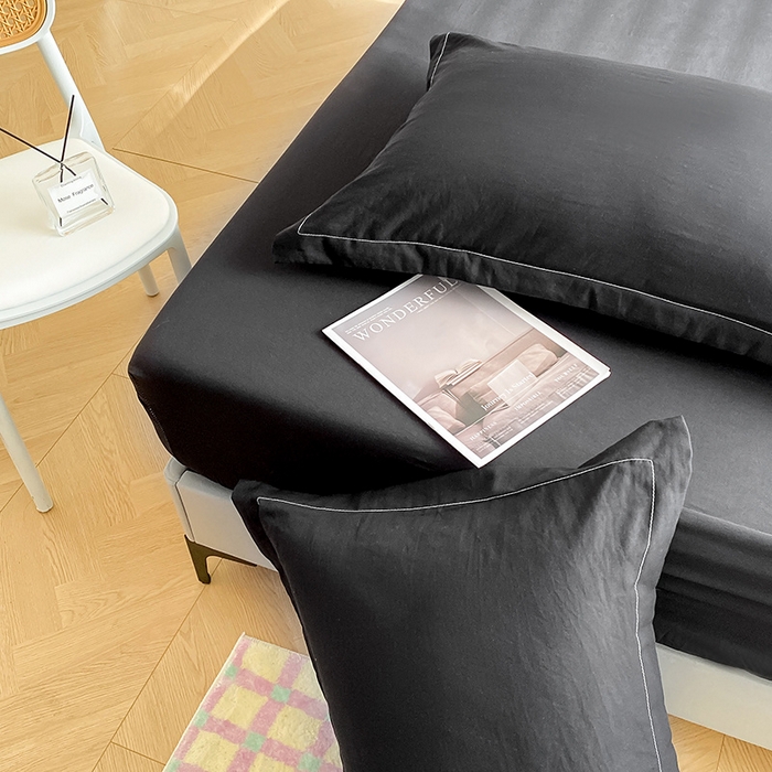 91家纺网 家纺一手货源 找家纺 恬澳家纺 2025新款森系水洗棉无印风单床笠 森系-墨黑