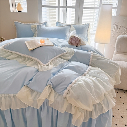91家纺网 家纺一手货源 找家纺 富盛家纺 2025新款水洗亲肤棉床裙款四件套公主风四件套 仙仙子—蓝