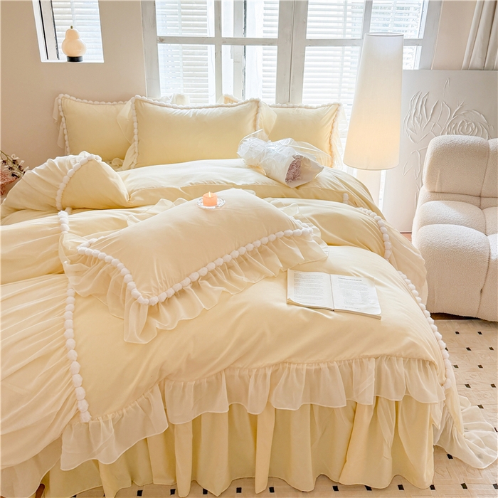 91家纺网 家纺一手货源 找家纺 富盛家纺 2025新款水洗亲肤棉床裙款四件套公主风四件套 仙仙子—黄