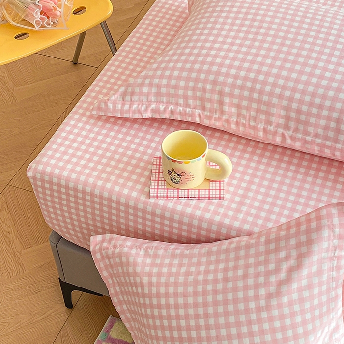 91家纺网 家纺一手货源 找家纺 恬澳家纺 2025新款森系水洗棉无印风单床笠 森系-粉格