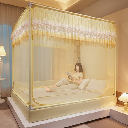 雪姿家纺 2025新款U型绣花边床笠回底款多功能双向储物袋三开门外穿坐床蚊帐 依恋-奶油黄
