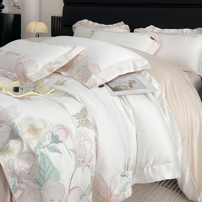 91家纺网 家纺一手货源 找家纺 2025春夏A类100支长绒棉四件套纯棉全棉轻奢风床单被套重工刺绣床上用品-花漫屿 花漫屿-白粉