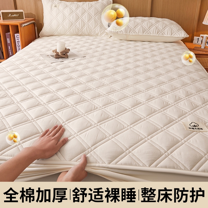 91家纺网 家纺一手货源 找家纺 笠客家纺 2025新款全棉水洗棉夹棉床笠-棉格款 棉格-米白