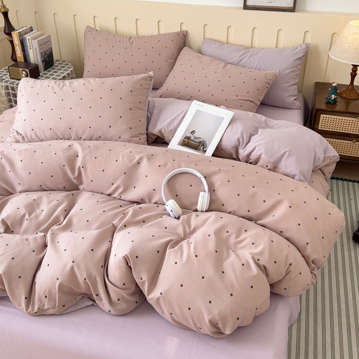 91家纺网 家纺一手货源 找家纺 金梦拉家纺 2025爆款新款A类加厚有氧针织棉双层纱四件套（吊边版）波点