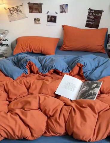 91家纺网 家纺一手货源 找家纺 梦卓家纺 2025爆款ins风超柔褶皱亲肤磨毛水洗棉四件套 艾玛橙＋爵士蓝