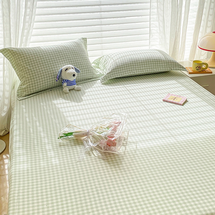 91家纺网 家纺一手货源 找家纺 恬澳家纺 2025新款森系水洗棉无印风单床笠 森系-绿格