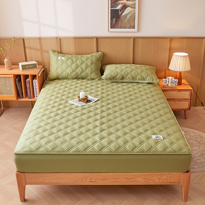 91家纺网 家纺一手货源 找家纺 笠客家纺 2025新款全棉水洗棉夹棉床笠-棉格款 棉格-浅绿