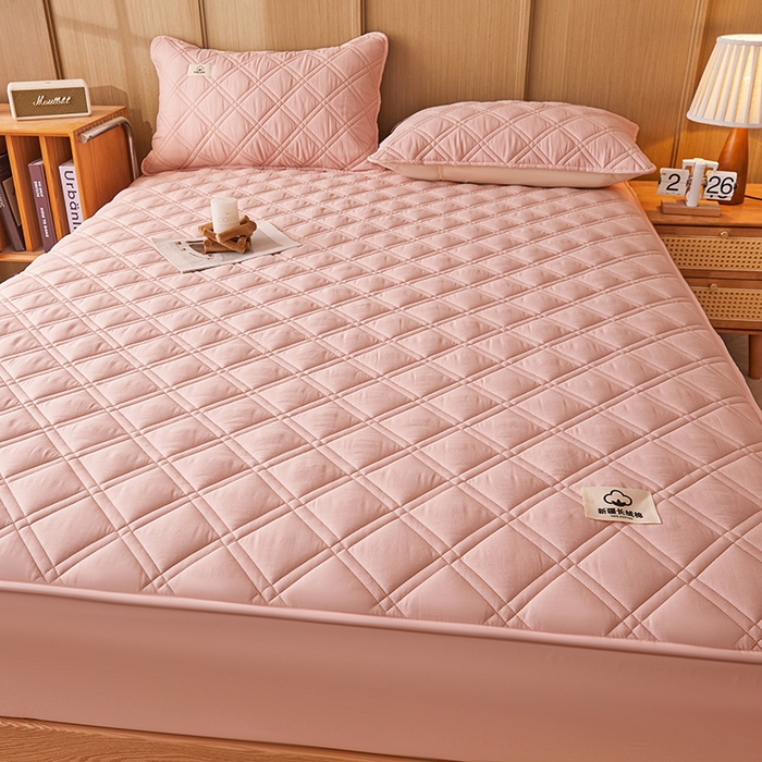 91家纺网 家纺一手货源 找家纺 笠客家纺 2025新款全棉水洗棉夹棉床笠-棉格款 棉格-玫瑰粉