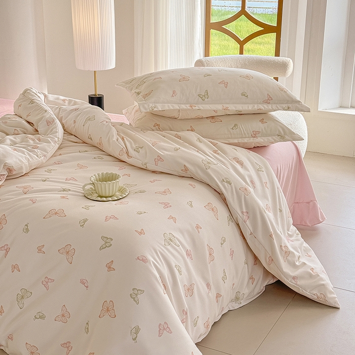 91家纺网 家纺一手货源 找家纺 壹号库 2025秋冬新款针织双层纱小清新印花四件套（专版花型） 蝶舞