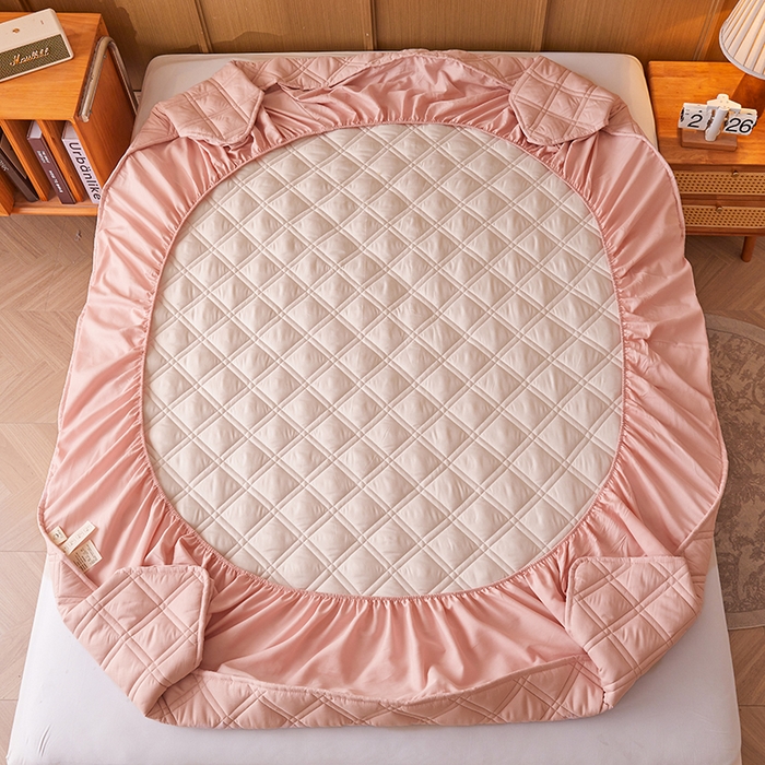 91家纺网 家纺一手货源 找家纺 笠客家纺 2025新款全棉水洗棉夹棉床笠-棉格款 棉格-玫瑰粉