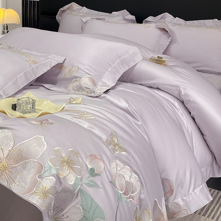 2025春夏A类100支长绒棉四件套纯棉全棉轻奢风床单被套重工刺绣床上用品-花漫屿 花漫屿-黛紫