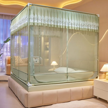 雪姿家纺 2025新款T+U刺绣花边床笠回底款三开门外穿杆坐床蚊帐 夏恋-抹茶绿