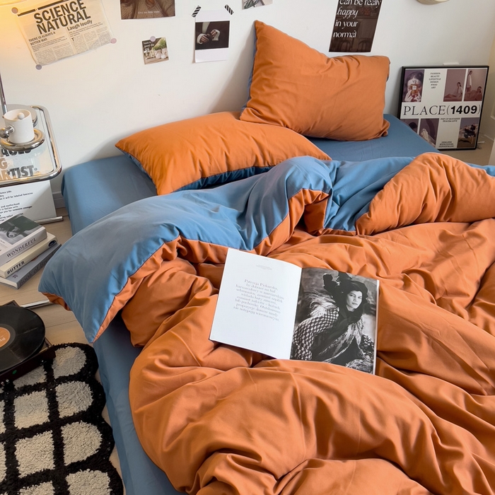 91家纺网 家纺一手货源 找家纺 梦卓家纺 2025爆款ins风超柔褶皱亲肤磨毛水洗棉四件套 艾玛橙＋爵士蓝