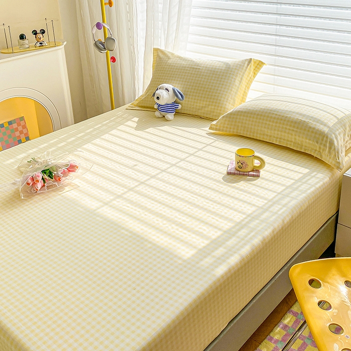 91家纺网 家纺一手货源 找家纺 恬澳家纺 2025新款森系水洗棉无印风单床笠 森系-黄格